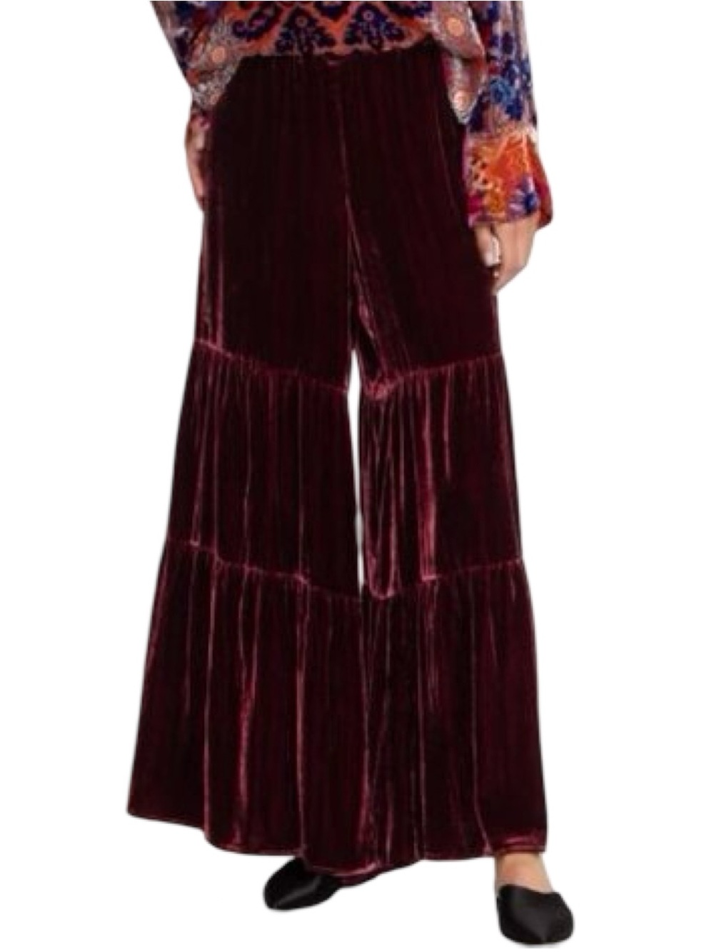 Johnny Was JW Los Angeles Women’d Size S Burgundy Wine Velvet Tiered Flare Pants